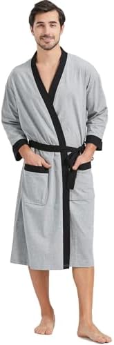 FashGudim Mens 100% Cotton Robe Lightweight Summer Bathrobe Soft Weave Kimono Bath Robe