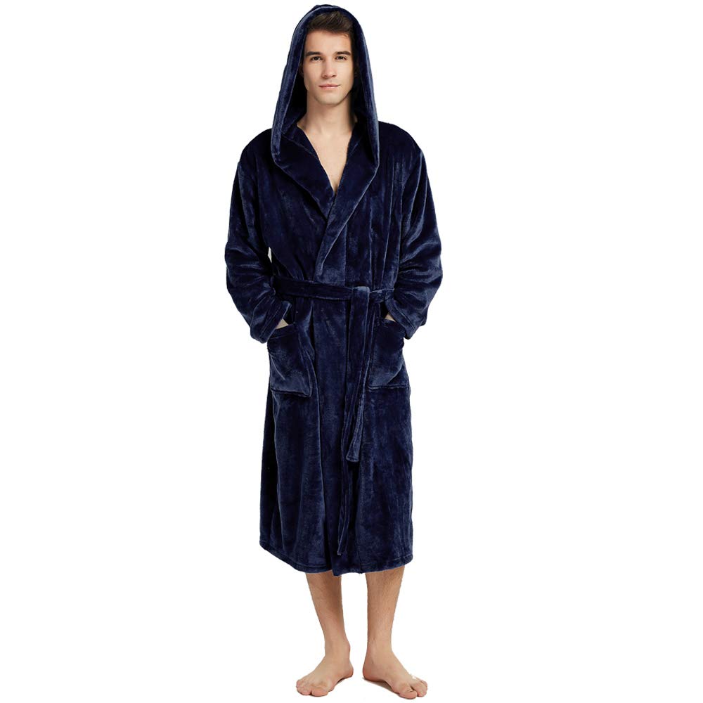 HOLOVE Mens Fleece Hooded Robe Plush Collar Shawl Bathrobe Soft Warm Long Sleeve