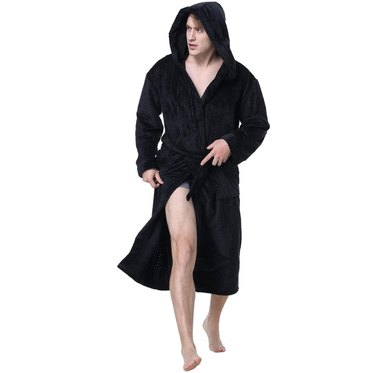 KEMUSI Hooded Herringbone Men's Soft Spa Full Lenght Bathrobe,Comfy Full Length Warm Nightdress