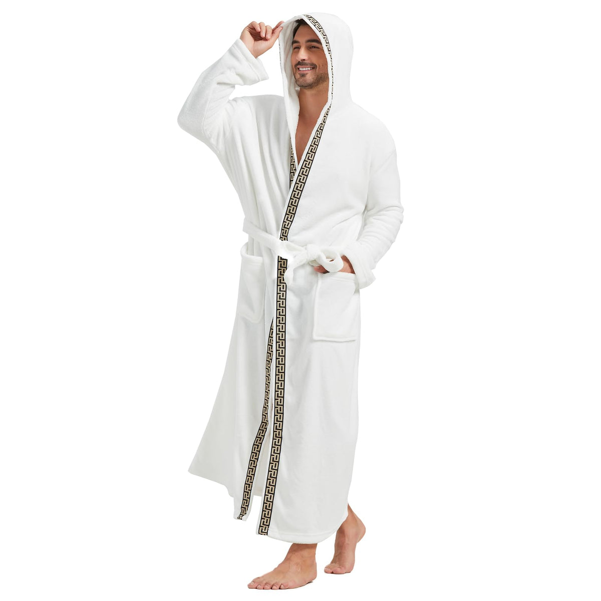 FashGudim Mens Robes Big and Tall with Hood Two-Tone Flannel Fleece Contrast Bathrobe Full Length Plush Long Robe House Coat
