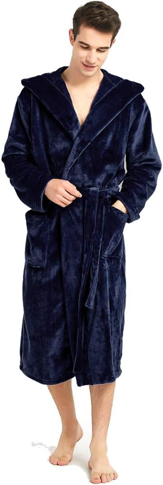 HOLOVE Mens Fleece Hooded Robe Plush Collar Shawl Bathrobe Soft Warm Long Sleeve