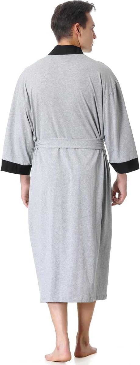 KEMUSI Men's Summer Knee-Length Breathable Absorbent Sleepwear Bathrobe, Mid Sleeve, Grey with Black Trim, Soft and Comfy