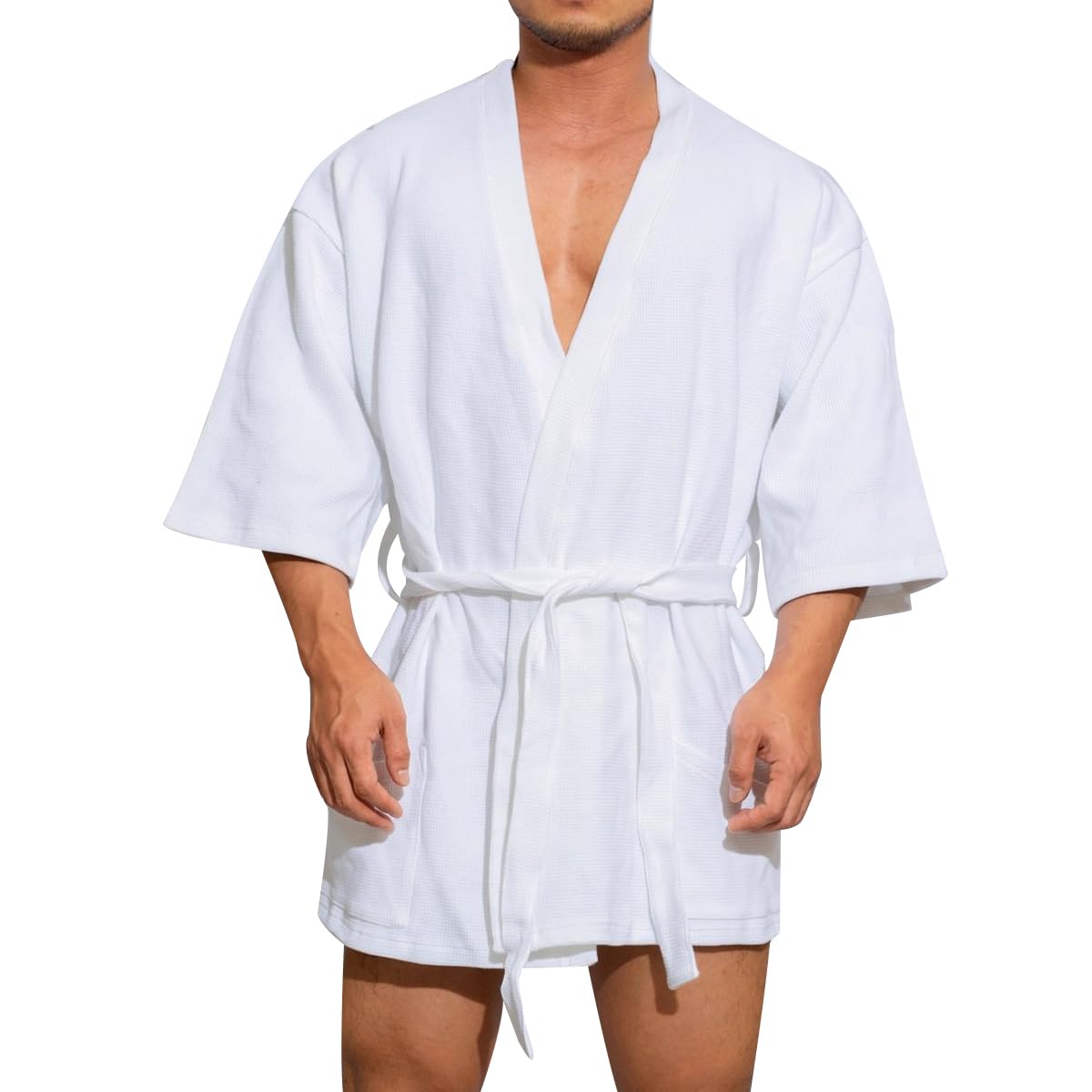 KISSQIQI Men's Cotton Robe Short Lightweight Bathrobe 3/4 Sleeve Loungewear