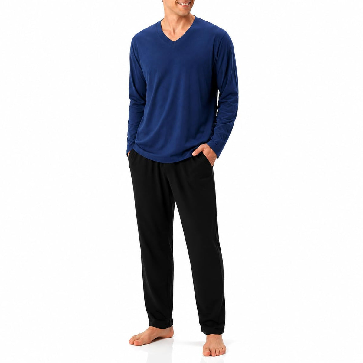DAVID ARCHY Men's Cotton Pajama Set, Soft V-Neck Long Sleeve PJs