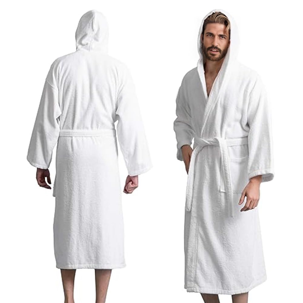 Men’s Hooded Bathrobe, 100% Cotton Terry Bathrobe, Spa Style Bath Robe, Absorbent Shower Robe, Lightweight Towel Bathrobes