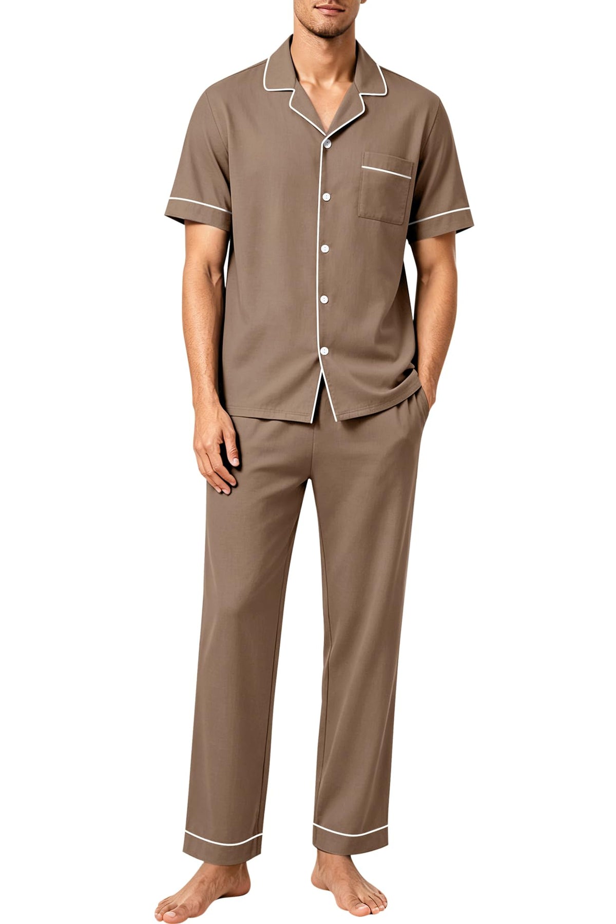SWOMOG 100% Cotton Men Pajamas Set Button Down Short Sleeve Sleepwear Loungewear Pjs Set with Pockets