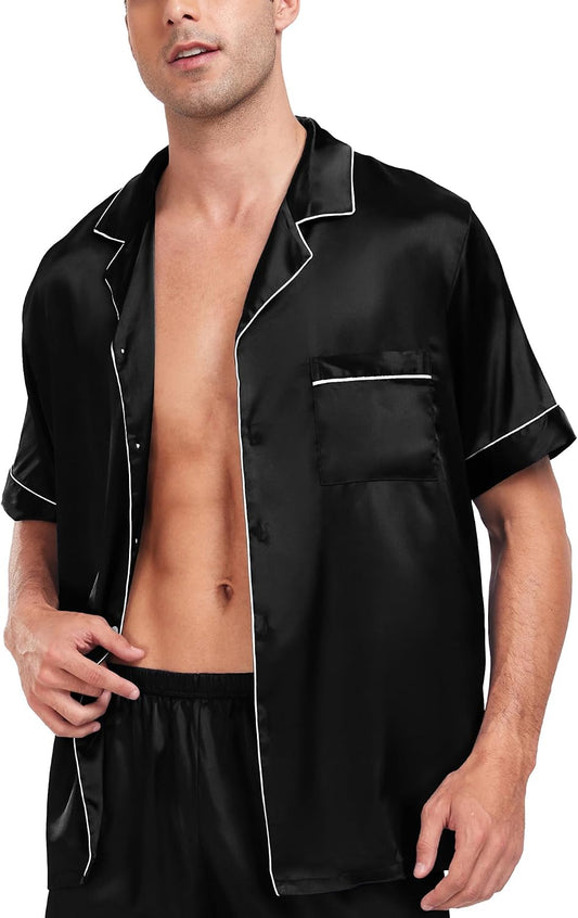 SWOMOG Men Satin Silk Pajamas Sets Short Sleeve Sleepwear Button-Down PJs Sets Two-Pieces Loungewear with Pockets
