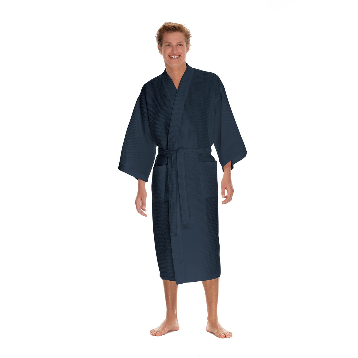 Men's Waffle Robe by BOCA TERRY, Waffle Knit Spa Robe, Long Lightweight Cotton Kimono Hotel Bathrobe