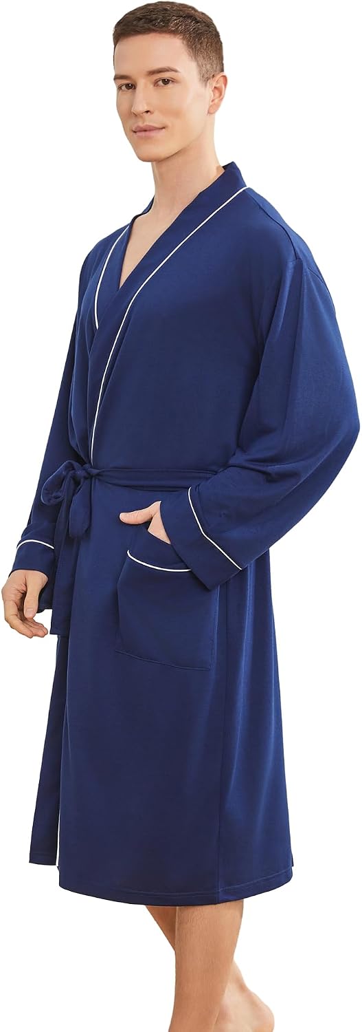 Mens Lightweight Robe, Knit Kimono Bathrobe Spa Sleepwear Soft Knee Length Robe With Pockets