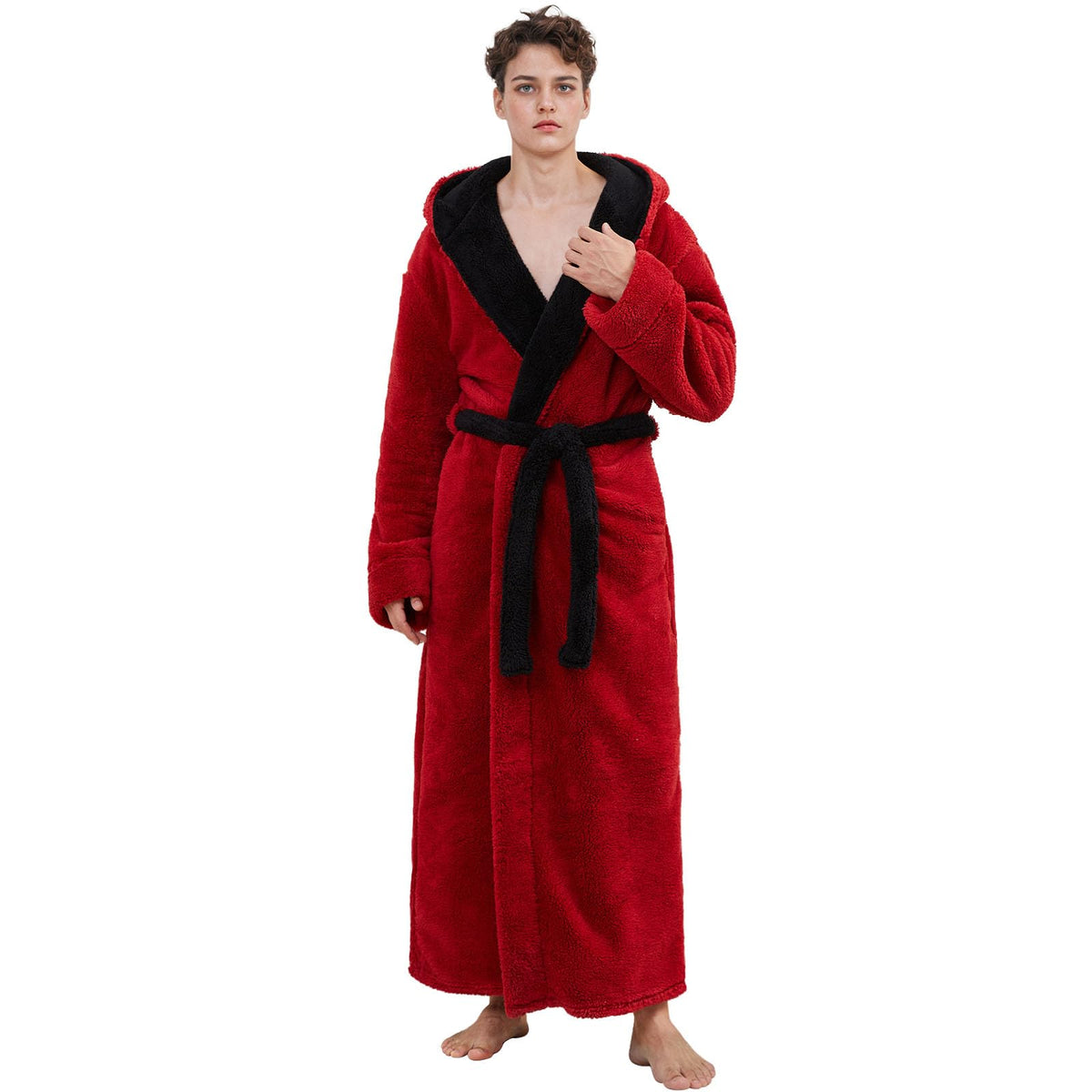 Hellomamma Mens Robe with Hood Plush Fleece Long Belted Bathrobes