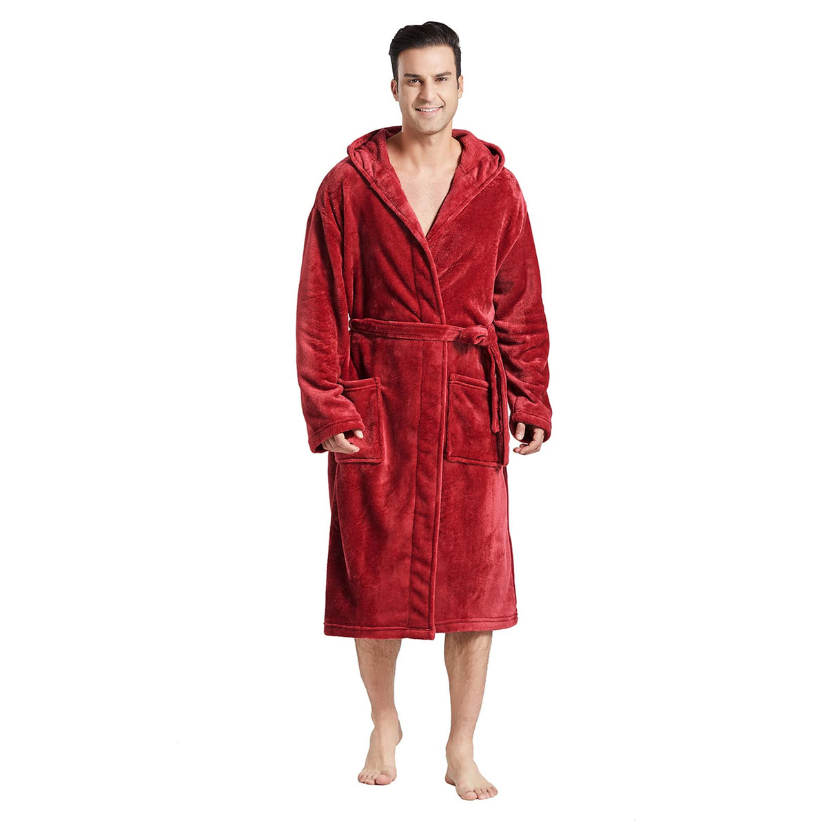 FashGudim Mens Hooded Robe Plush Shawl Collar Kimono Bathrobe Soft Warm Flannel Fleece Spa Robes House Coat Pajamas