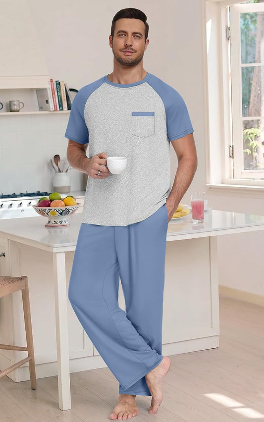 Yincro Mens Pajama Set Short Sleeve Pjs with Pocket Sleepwear Loungewear
