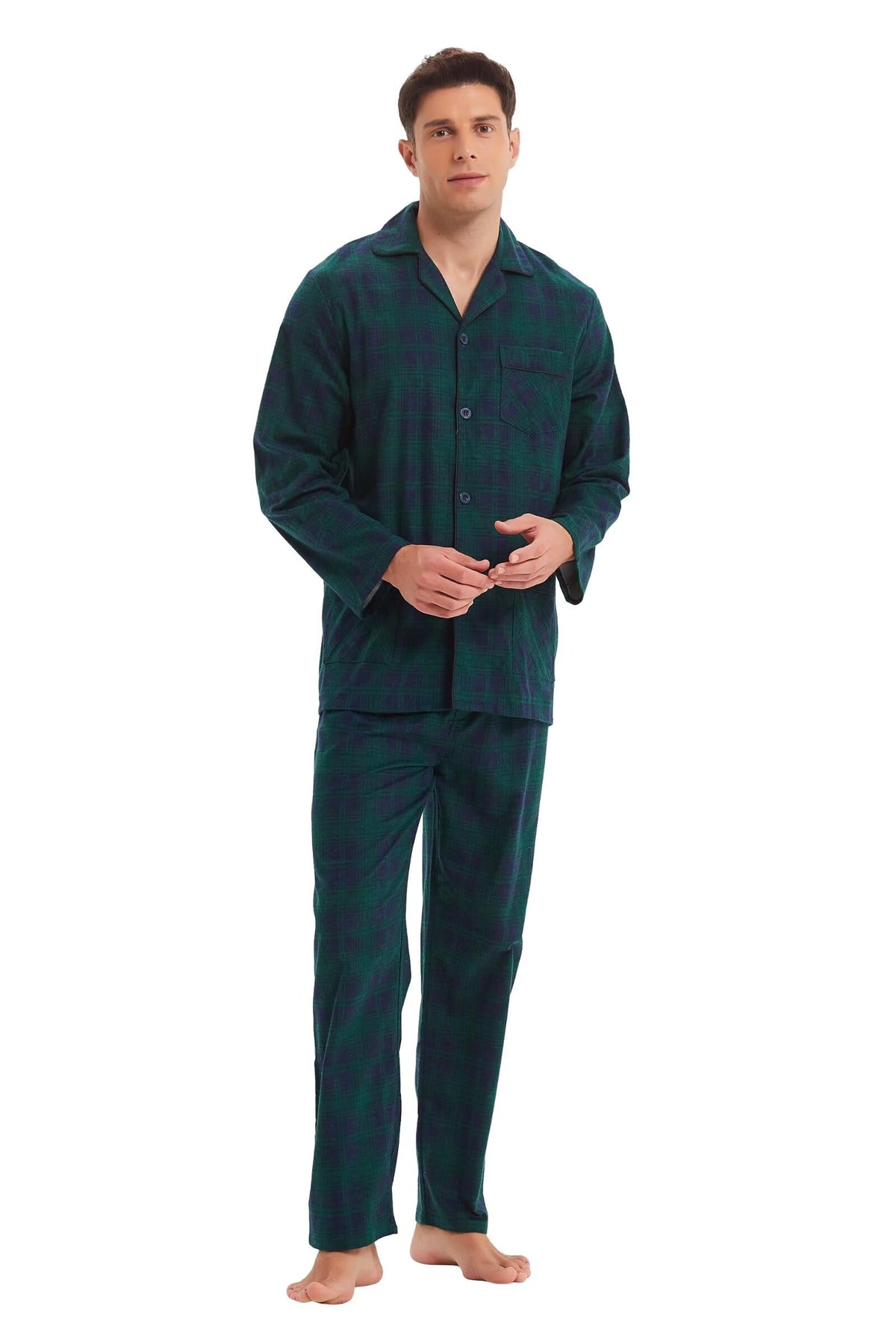 GLOBAL Men's Pajamas Sets 100% Cotton Flannel Sleepwear Long-Sleeve top & Bottom