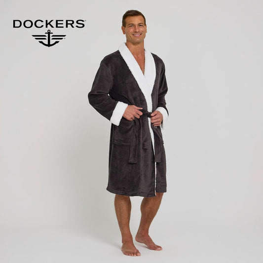 DOCKERS Mens Bath Robe for Men Plush Sherpa Shower Robe with Pockets