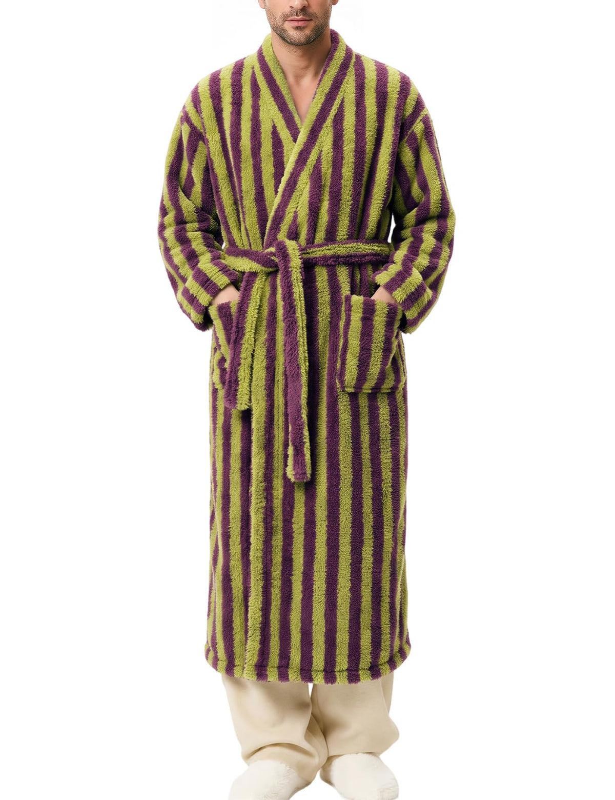 Arssm Mens Striped Plush Robe Long Fluffy Fuzzy Cozy Bathrobe