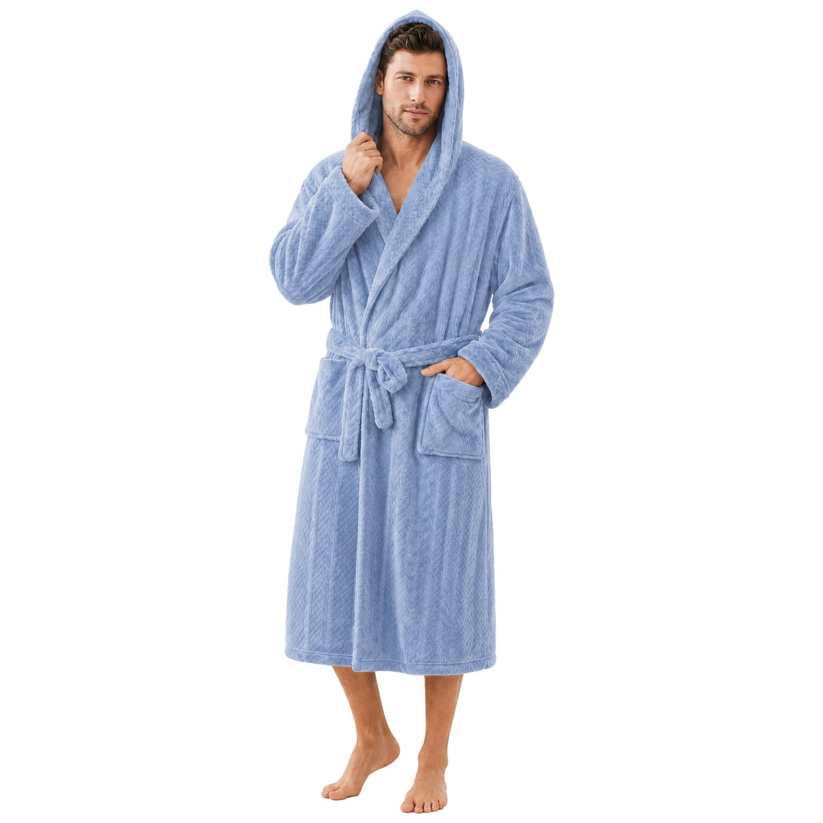 Mens Hooded Plush Robe, Ultra Soft Bathrobe for Men, Warm Cozy Fleece Robe with Pockets