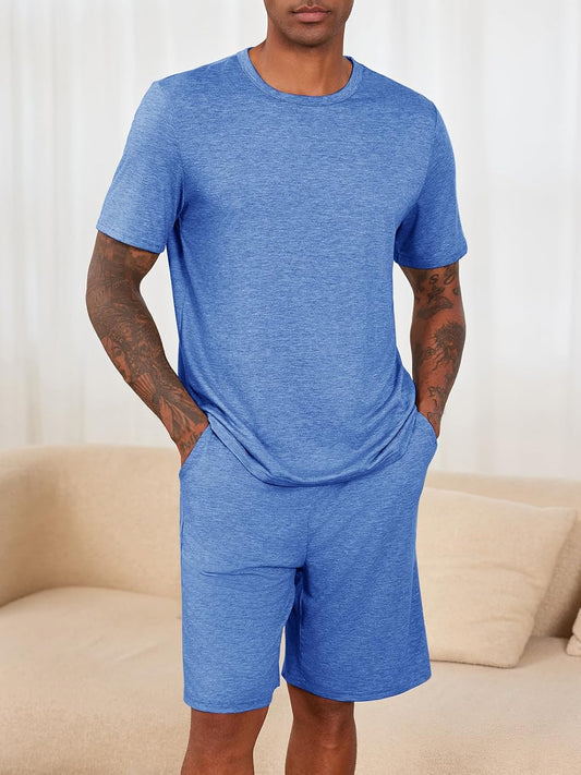 Runcati Mens Pajama Sets Short Sleeve Shirt and Shorts 2 Piece Outfits
