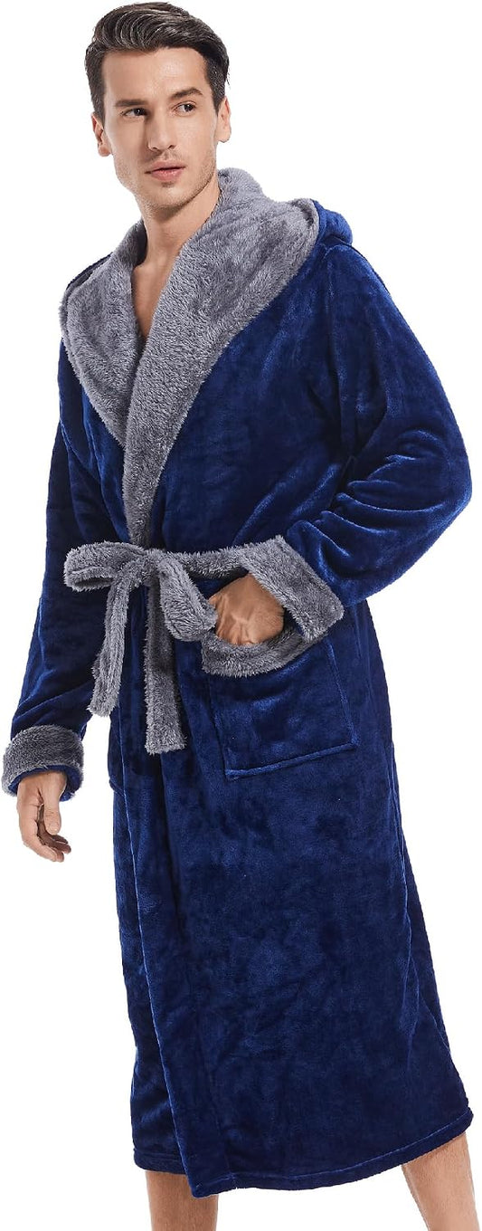 Inner Wish Mens Hooded Robe, Plush Long Highly Absorbent Bath robes Cozy Warm Bathrobe Fuzzy male Spa Robe With Pockets