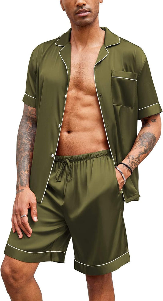 Ekouaer Couple Matching Pajamas Sets Silk Satin Button Sleepwear S-XXL