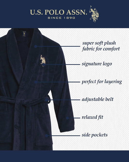 U.S. POLO ASSN. Mens Plush Fleece Bath Robe Shawl Collar with Pockets