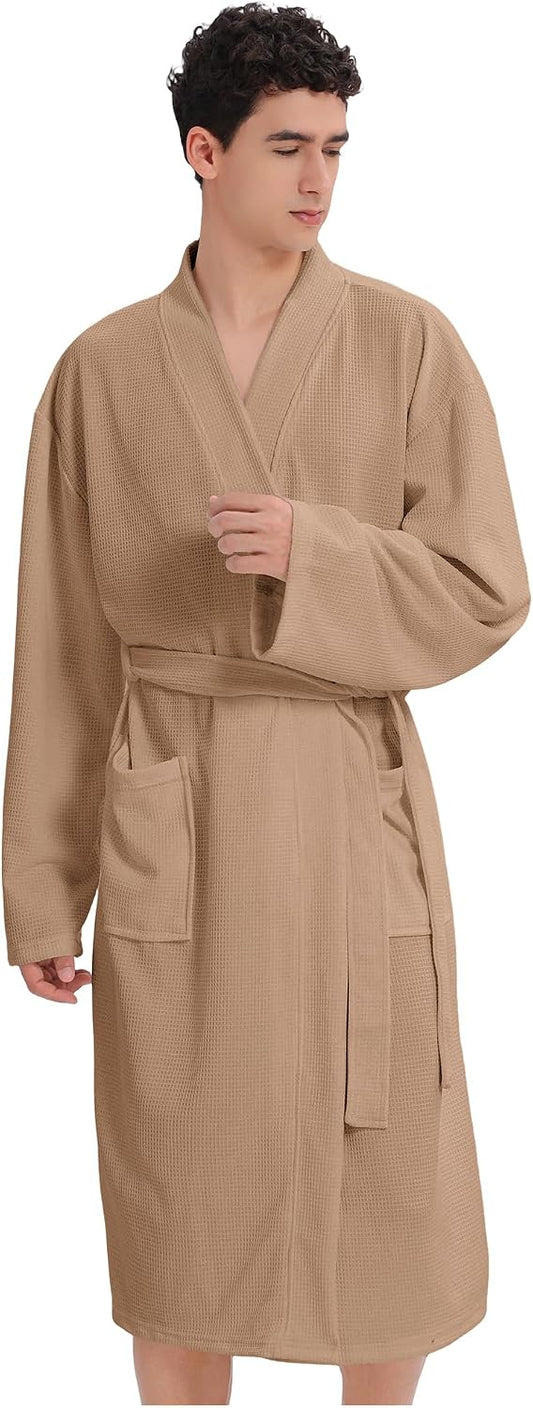 Mens Waffle Robe Spa Kimono Bathrobe Lightweight Shower Bath Robe Knee-Length Hotel Spa Robe