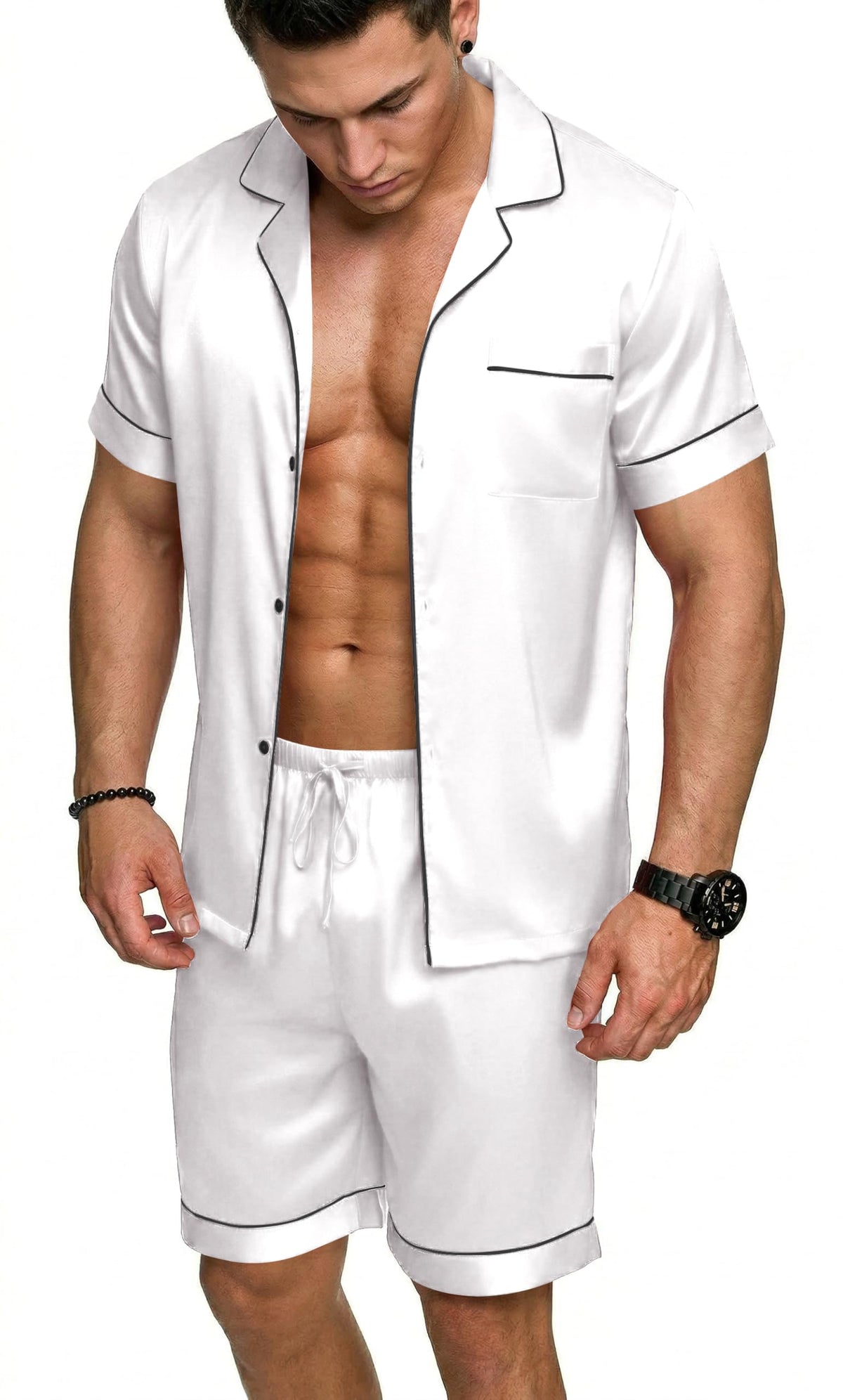 Ekouaer Mens Silk Satin Pajamas Set Short Sleeve Button Up Lounge Pjs Set