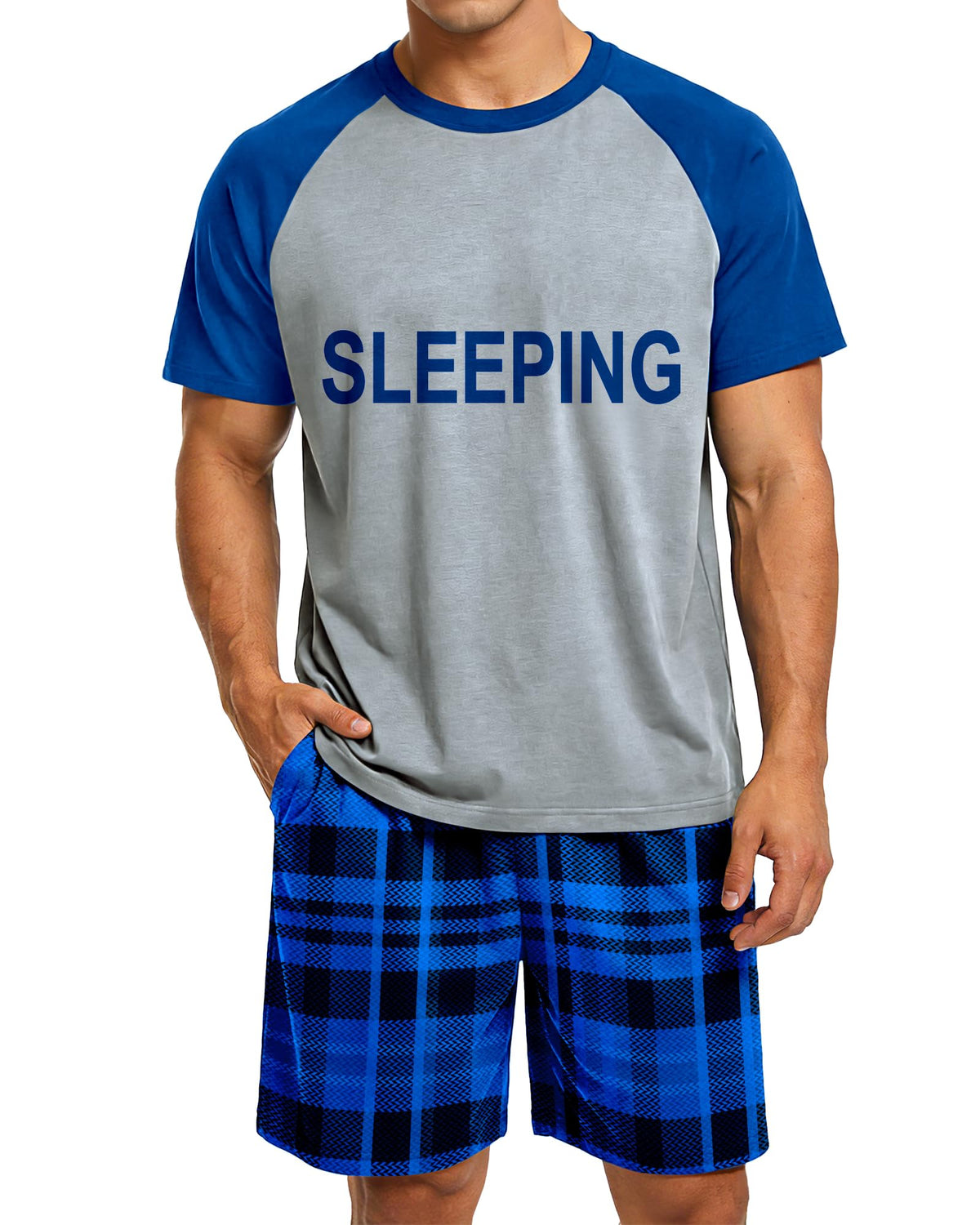 Mens Pajamas Set Summer Pjs Short Sleeve Sleep Set Soft Sleepwear 2 Piece Plaid Loungewear with Pockets M-2XL