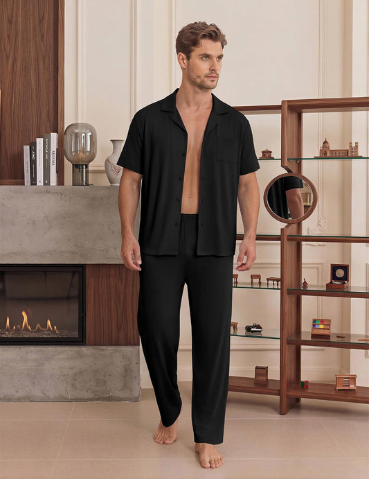 EKouear Mens Pajamas Set Button Down Short Sleeve Shirt Pjs with Long Pants