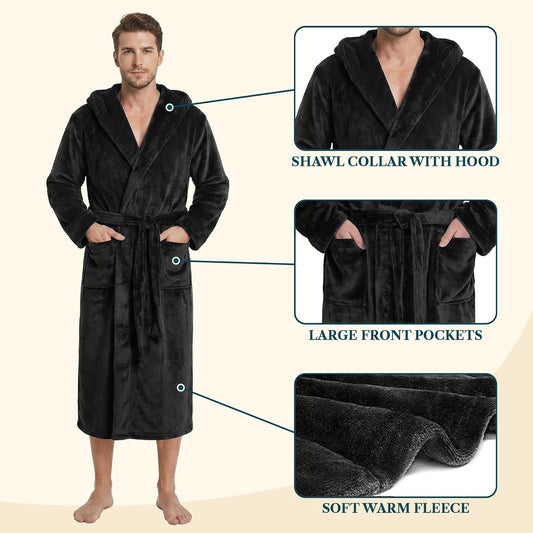 PAVILIA Men's Hooded Fleece Bathrobe Lightweight Long Robe for Men Shower