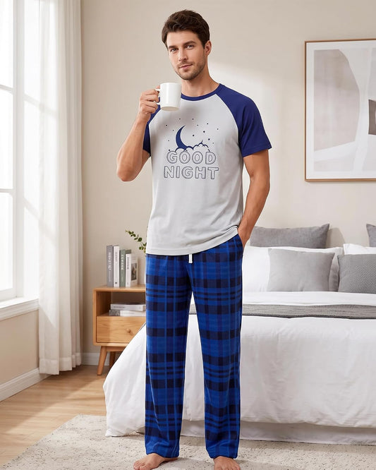 Mens Pajamas Set Soft Pjs Short Top Plaid Pants Sleepwear Loungewear Sets