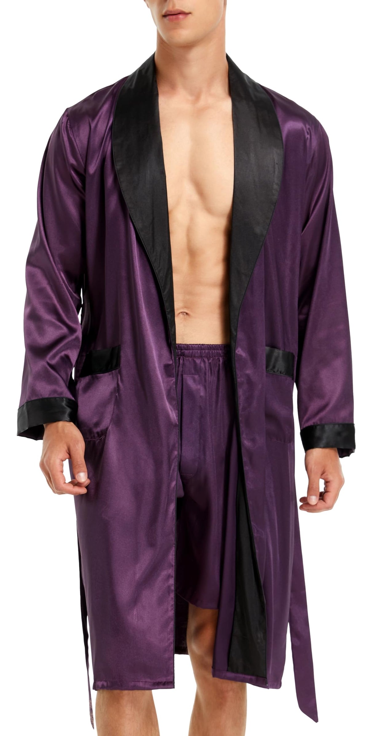 Mens Satin Robe Silk Long Sleeve Bathrobe with Shorts Set Kimono Sleepwear