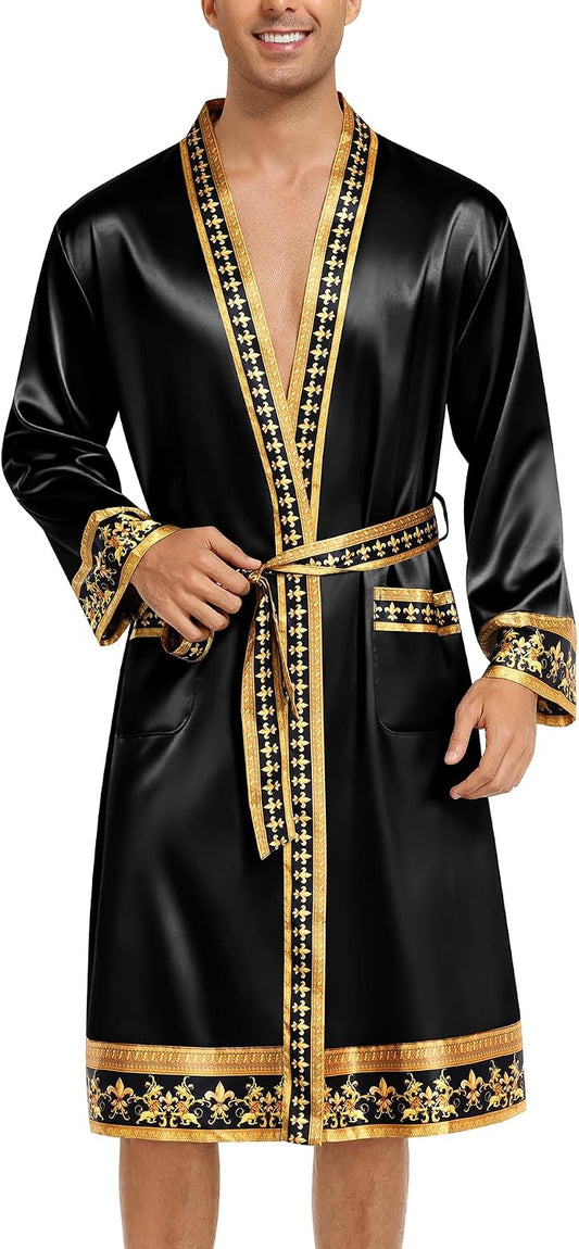 SWOMOG Men's Satin Robe with Shorts Set Silky Kimono Bathrobe Opulent Baroque Robes Lightweight Luxury Sleepwear