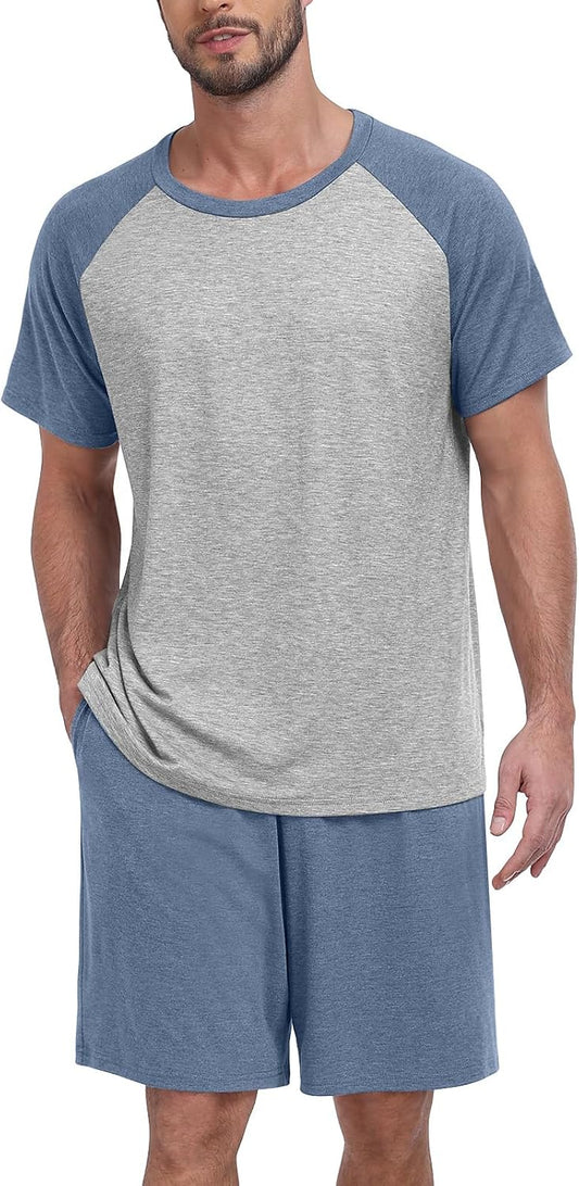 MLXSJ Mens Pajama Set Summer Pjs Sleepwear Soft Sleep Set With Pocket S-3XL