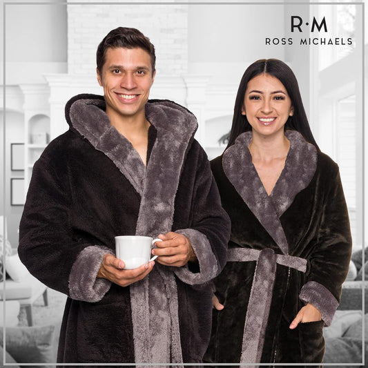 Ross Michaels Mens Luxury Robe Hooded Big and Tall - Long Plush Fleece Bath Robe with Hood and Pockets- Gift Men and Teens