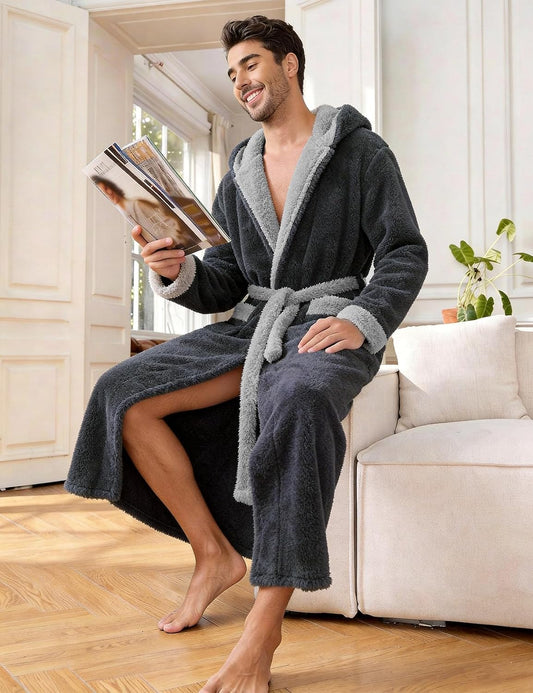 Kissonic Mens Hooded Robe Full Length Plush Warm Fluffy Winter Bathrobe