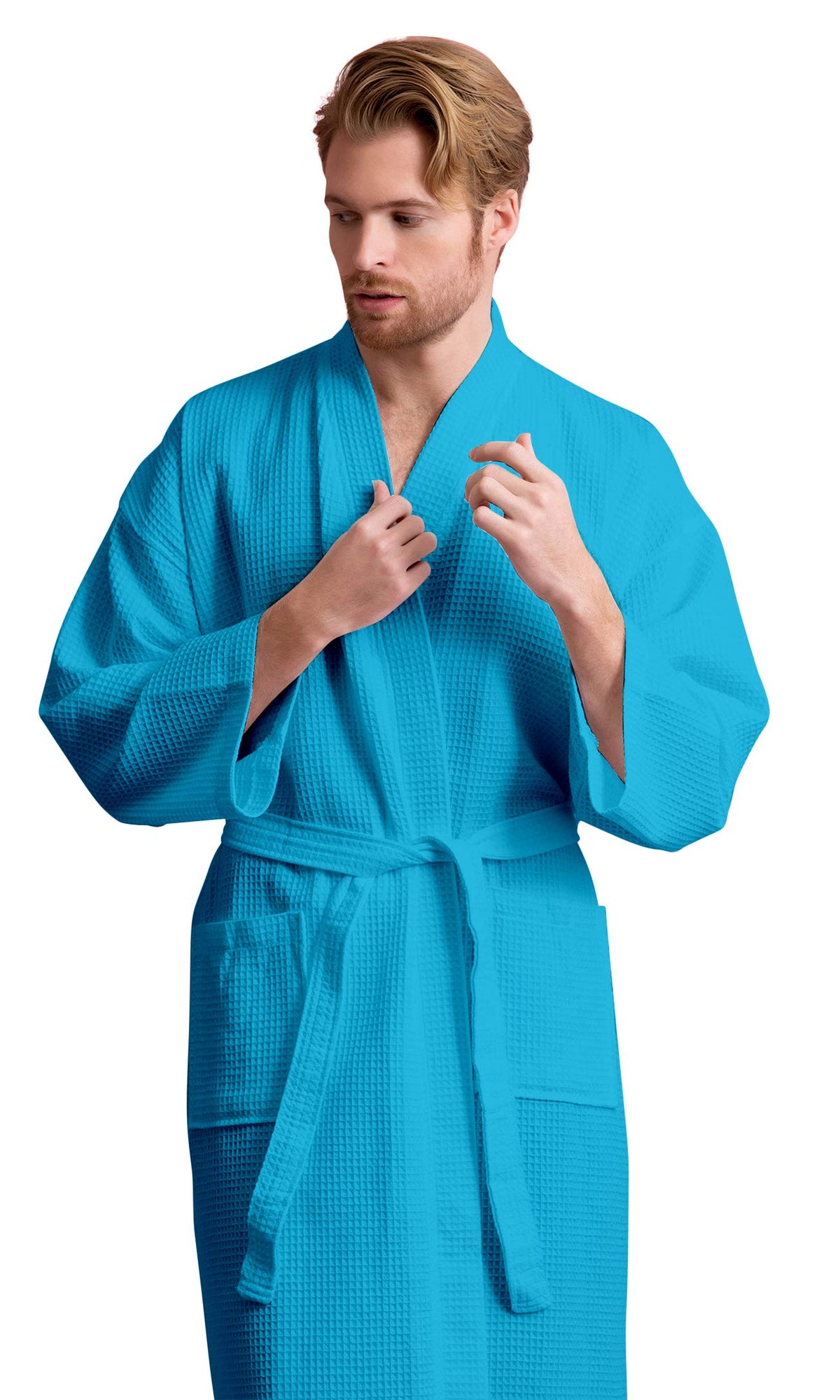 Men's Long Waffle Weave Kimono Bathrobe, 60% Cotton 40% Polyester