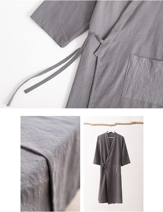 Men's Women's Cotton Linen Bathrobe Couples Japanese-Style Absorbent Quick-Drying Kimono Yukata Sauna Robe