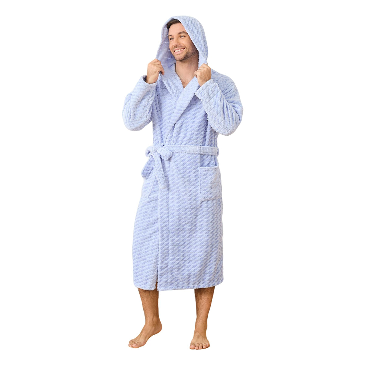 U2SKIIN Mens Plush Fleece Hooded Robe, Soft Warm Long Bathrobe with Pockets, Cozy Spa Shower Robe for Men