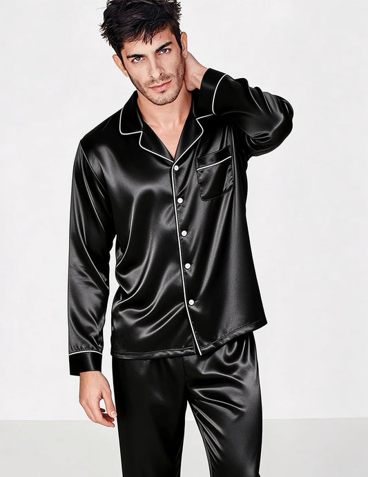 SWOMOG Mens Silk Satin Pajamas Set Long Sleeve Sleepwear Button-Down Pj Two-piece Loungewear with Long Pants S-XXL