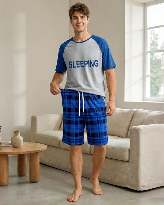 Mens Pajamas Set Summer Pjs Short Sleeve Sleep Set Soft Sleepwear 2 Piece Plaid Loungewear with Pockets M-2XL