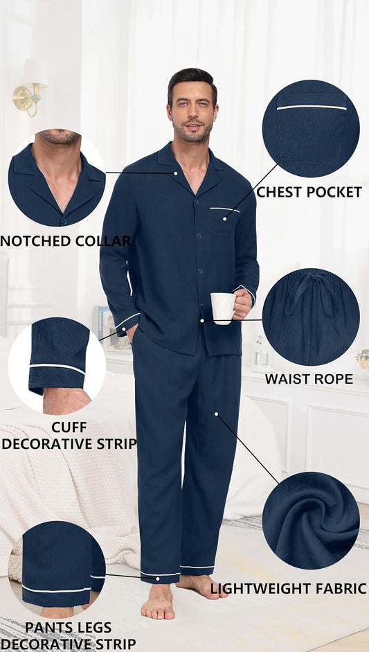 PrinStory Men's Pajamas Set Long Sleeve Button Down Sleepwear Pjs S-2XL