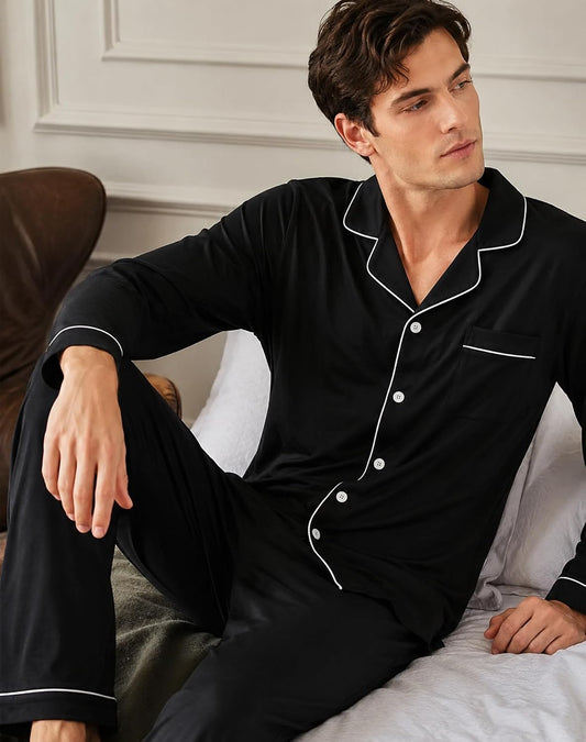 SWOMOG Men Pajamas Set Comfy Modal Pjs Button Down Sleepwear 2 Piece Long Sleeve Lounge Set Soft Nightwear with Pockets