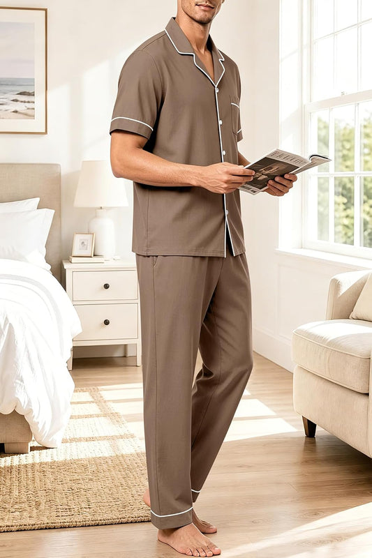 SWOMOG 100% Cotton Men Pajamas Set Button Down Short Sleeve Sleepwear Loungewear Pjs Set with Pockets