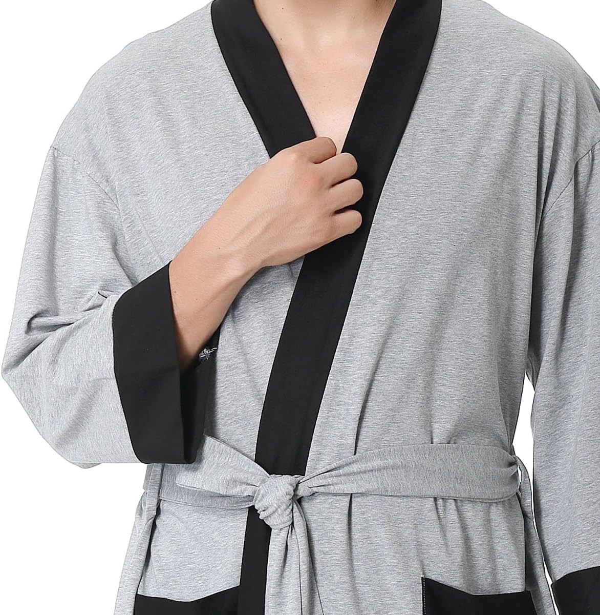 KEMUSI Men's Summer Knee-Length Breathable Absorbent Sleepwear Bathrobe, Mid Sleeve, Grey with Black Trim, Soft and Comfy