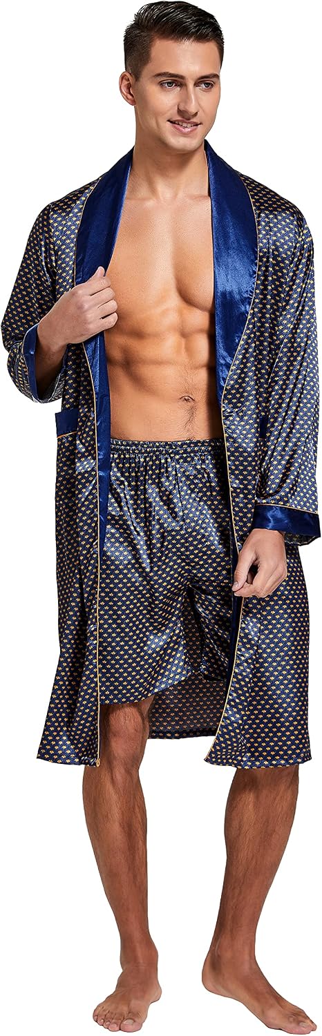 Mens Satin Robe Long Sleeve Silk Kimono Bathrobe with Shorts Set Sleepwear