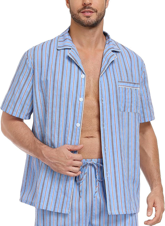 SWOMOG Mens 100% Cotton Pajama Set 2Pcs Button Down Pjs Set Short Sleeve Sleepwear with Pocket Soft Summer Stripe Nightwear