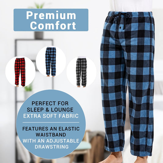 DG Hill 1Pack or 3Pack Mens PJ Pajama Pants Bottoms Fleece Lounge Pants Sleepwear Plaid PJs with Pockets Microfleece