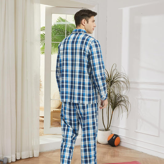 Vulcanodon Mens Cotton Pajama Set, Plaid Button Down Woven Sleepwear