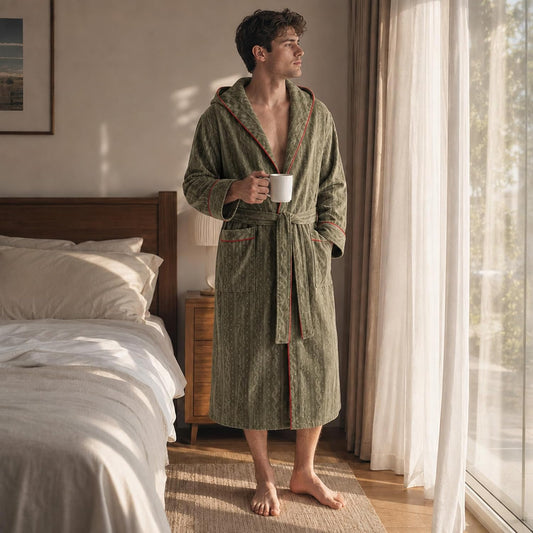 Mens Hooded Fleece Robe Plush Stretch Bathrobe