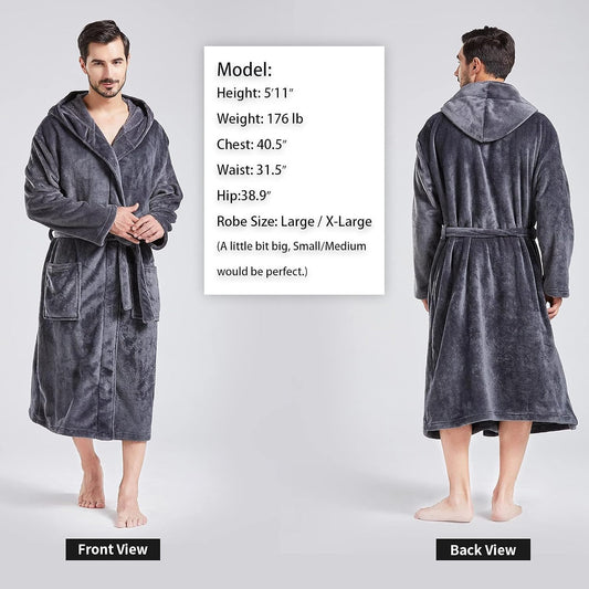 FashGudim Mens Hooded Robe Plush Shawl Collar Kimono Bathrobe Soft Warm Flannel Fleece Spa Robes House Coat Pajamas